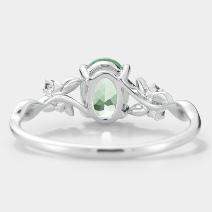 Oval Cut Lab Green Sapphire Engagement Ring With Leaf
