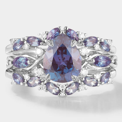 Alexandrite Engagement Ring With Enhancer Wedding Band 2pcs