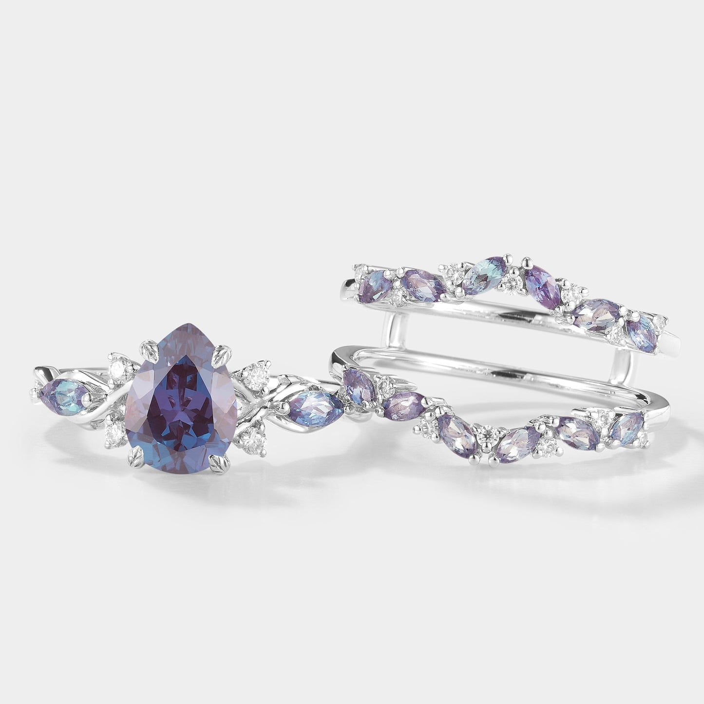 Alexandrite Engagement Ring With Enhancer Wedding Band 2pcs