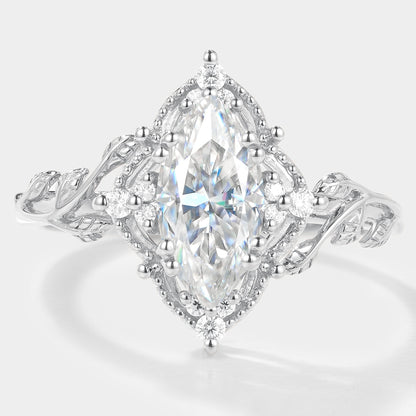 Marquise Cut Moissanite Ring with Leaf Design