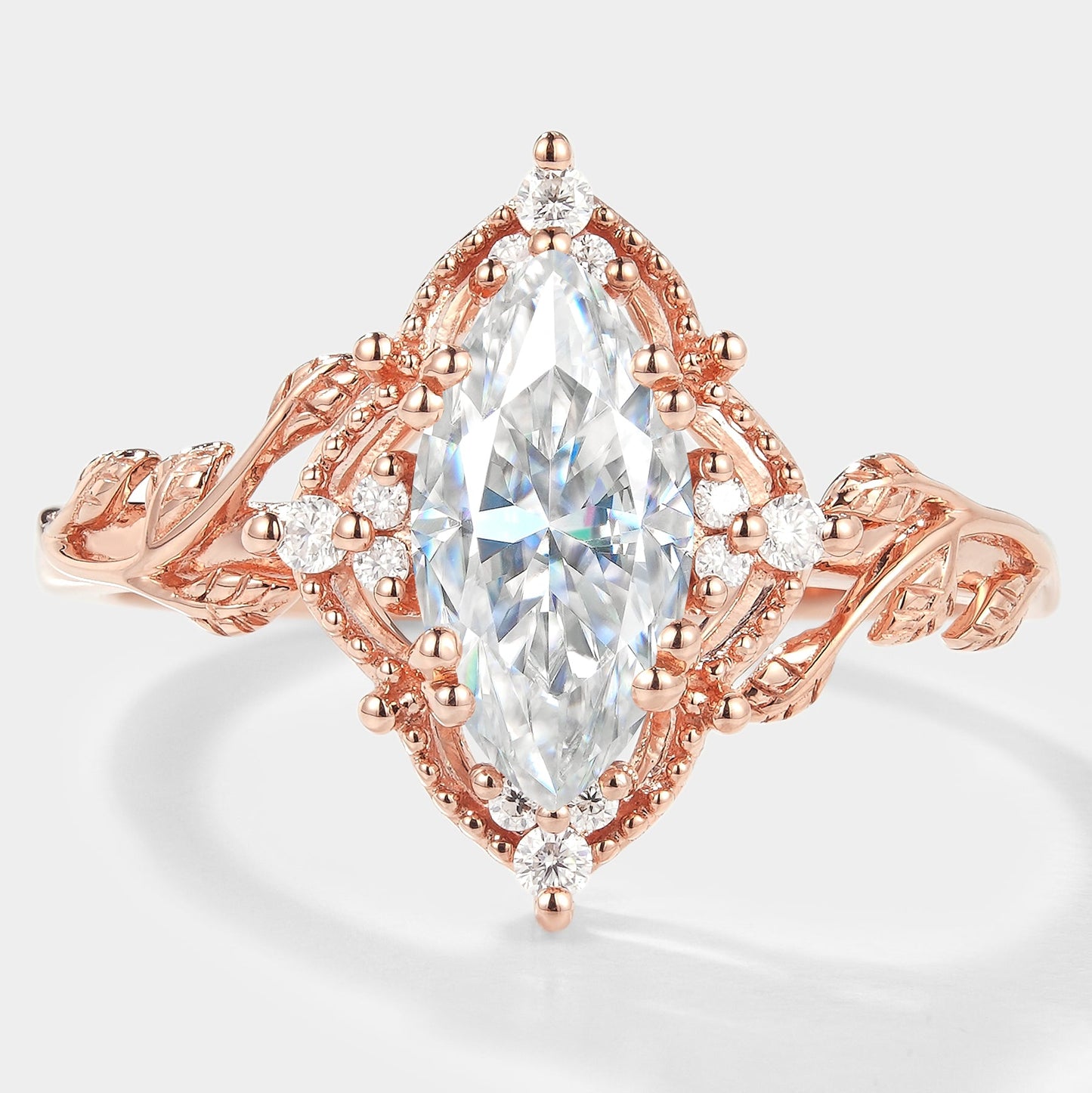 Marquise Cut Moissanite Ring with Leaf Design
