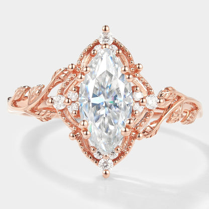Marquise Cut Moissanite Ring with Leaf Design