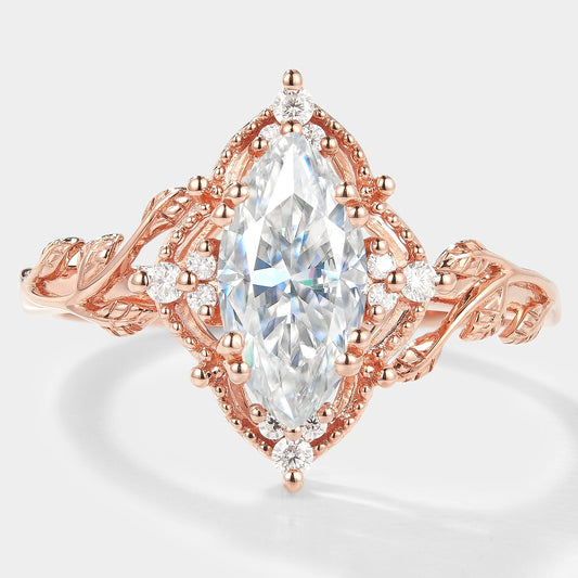 Marquise Cut Moissanite Ring with Leaf Design