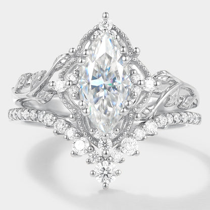 Marquise Cut Moissanite Engagement Ring With Curved Wedding Band 2pcs