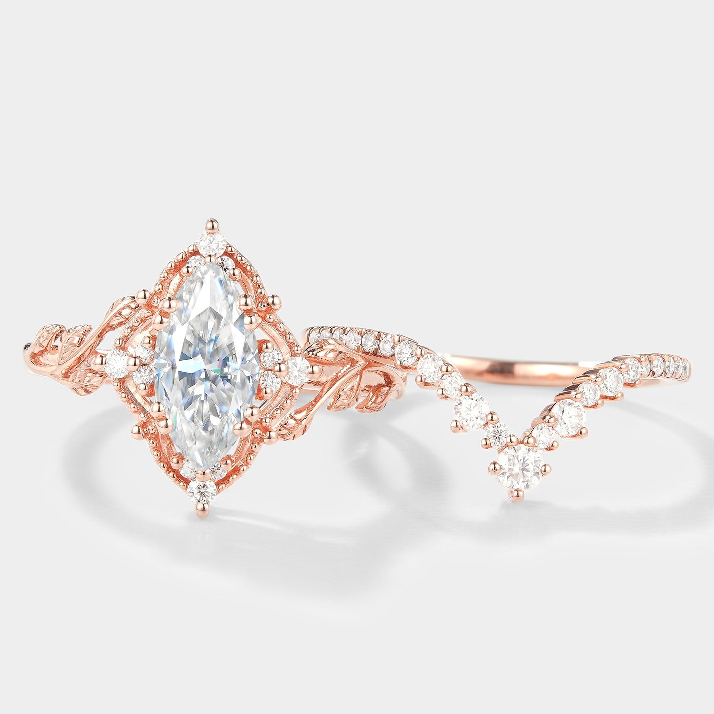 Marquise Cut Moissanite Engagement Ring With Curved Wedding Band 2pcs
