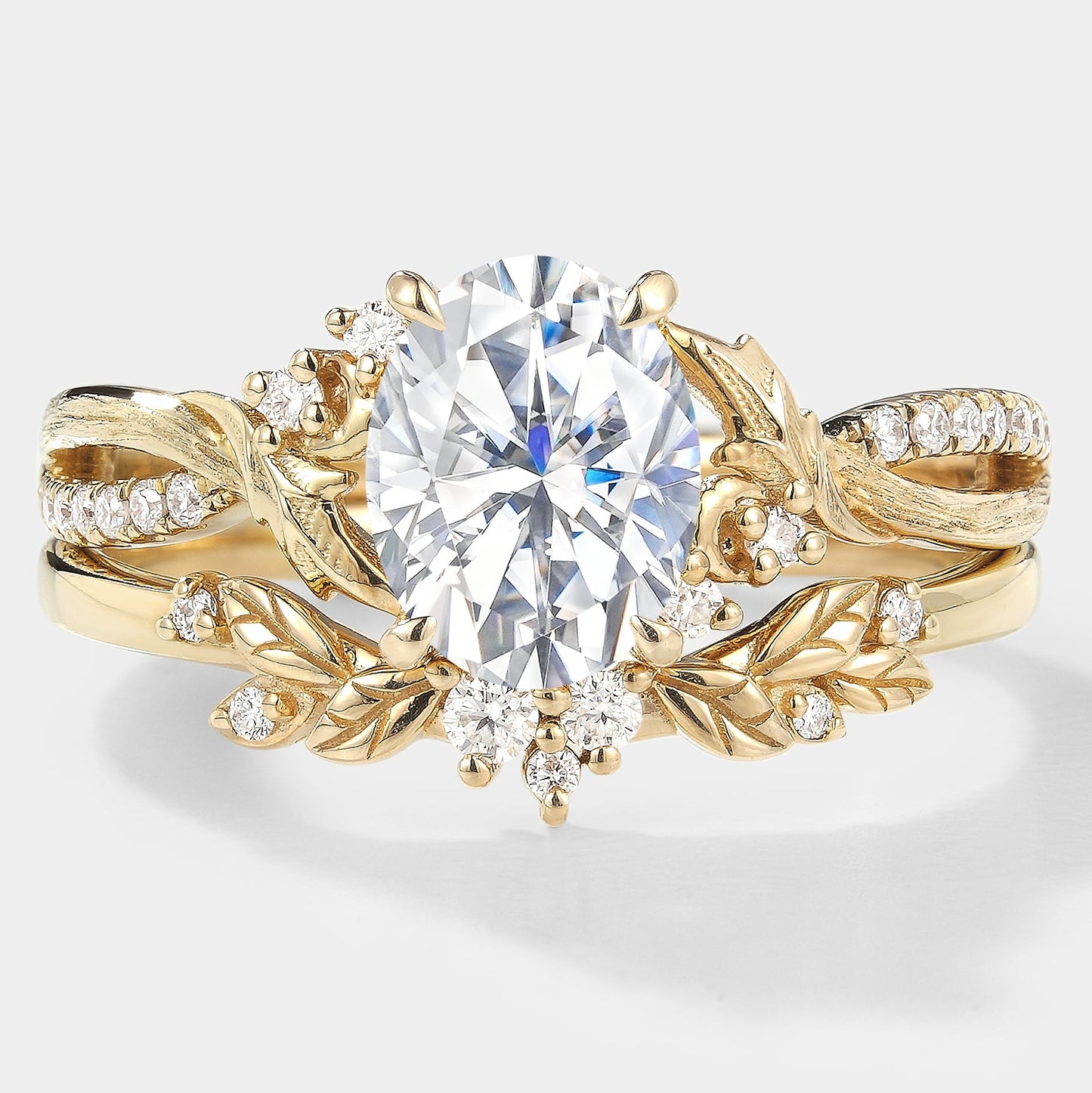 Moissanite Engagement Ring With Leaf Bark Texture Ring Set 2pcs