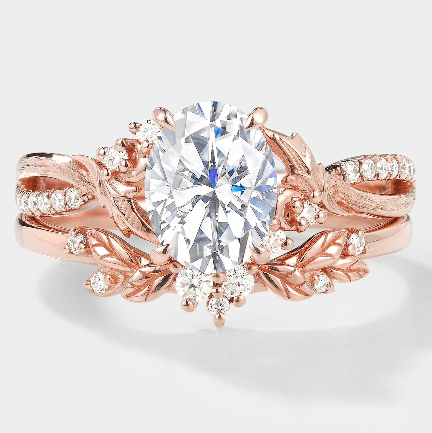 Moissanite Engagement Ring With Leaf Bark Texture Ring Set 2pcs