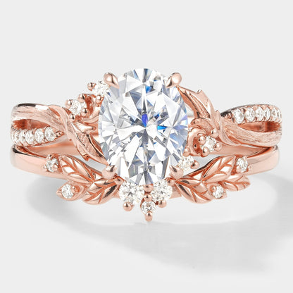 Moissanite Engagement Ring With Leaf Bark Texture Ring Set 2pcs