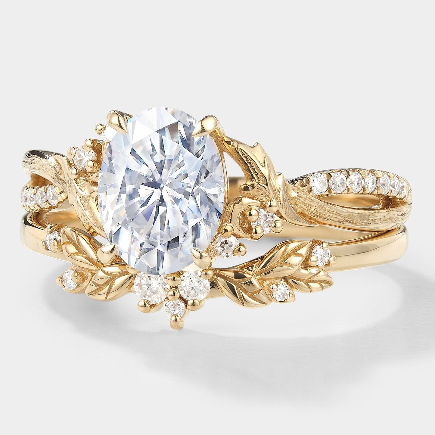 Moissanite Engagement Ring With Leaf Bark Texture Ring Set 2pcs