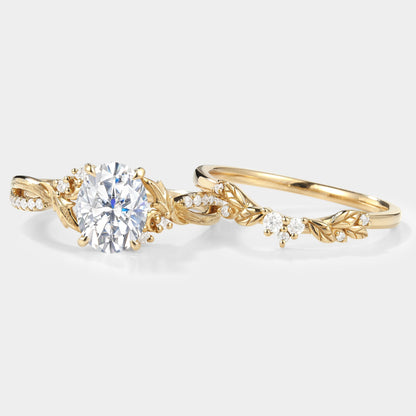 Moissanite Engagement Ring With Leaf Bark Texture Ring Set 2pcs