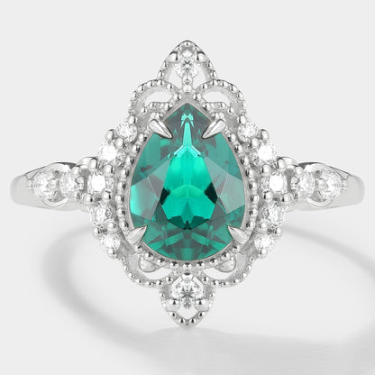 Pear Cut Lab Emerald Vintage Palace Style Engagement Ring
