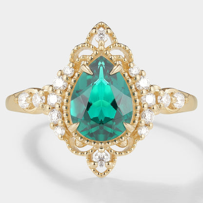 Pear Cut Lab Emerald Vintage Palace Style Engagement Ring