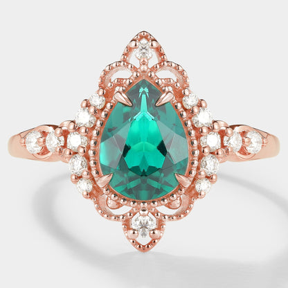 Pear Cut Lab Emerald Vintage Palace Style Engagement Ring