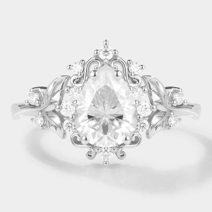 Leaf Inspired Pear Cut Moissanite Engagement Ring – Customized with Ruby Accent Stones For Leandro