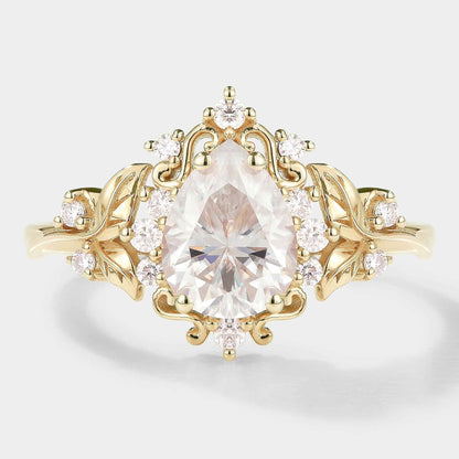 Leaf Inspired Pear Cut Moissanite Engagement Ring – Customized with Ruby Accent Stones For Leandro