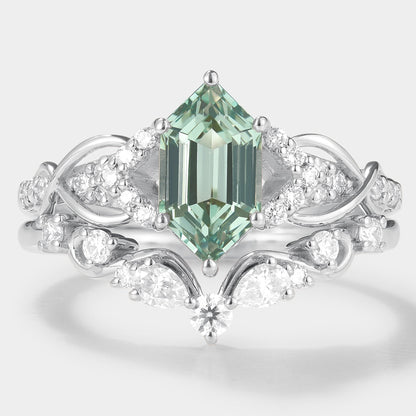 Long Hexagon Green Sapphire Bridal Set Moissanite Cluster 2pcs