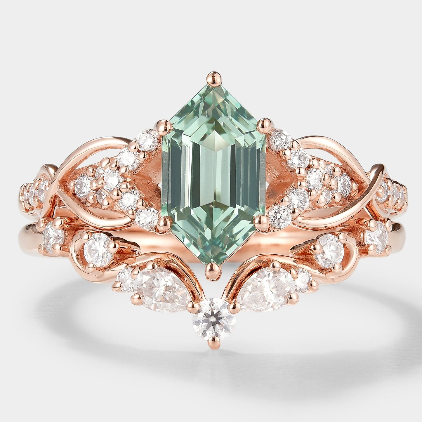 Long Hexagon Green Sapphire Bridal Set Moissanite Cluster 2pcs