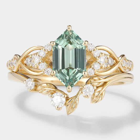 Long Hexagon Green Sapphire Engagement Ring Leaf Wedding Band 2pcs