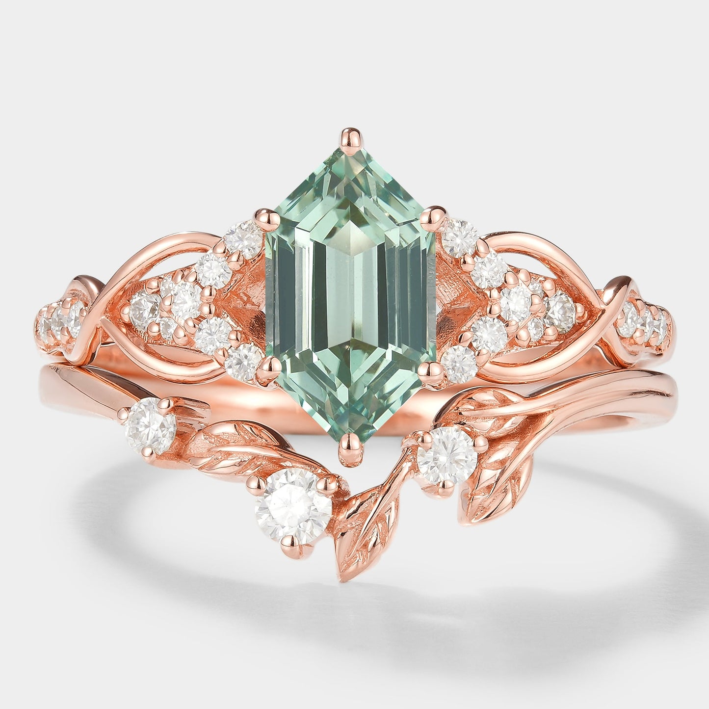 Long Hexagon Green Sapphire Engagement Ring Leaf Wedding Band 2pcs