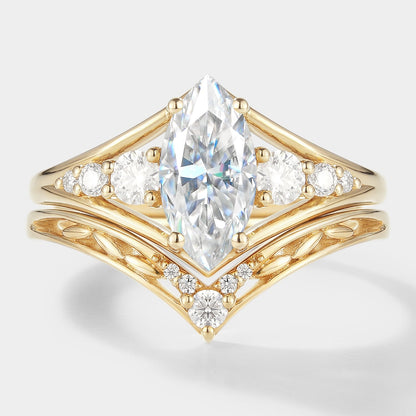 Marquise Moissanite Engagement Ring With Chevron Wedding Band 2pcs