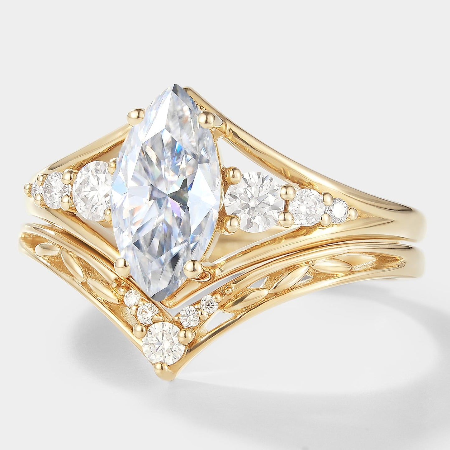 Marquise Moissanite Engagement Ring With Chevron Wedding Band 2pcs