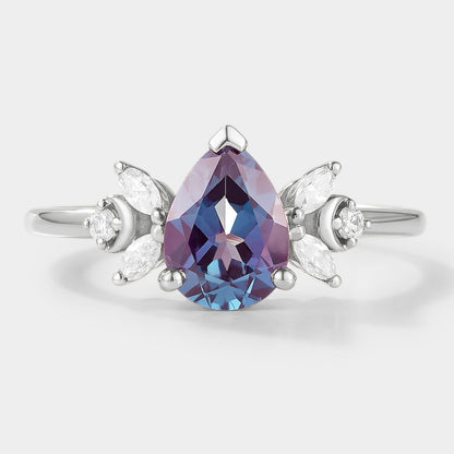 Pear Cut Alexandrite Engagement Ring With Moissanite Cluster