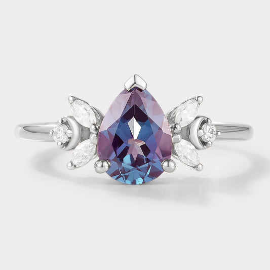 Pear Cut Alexandrite Engagement Ring With Moissanite Cluster