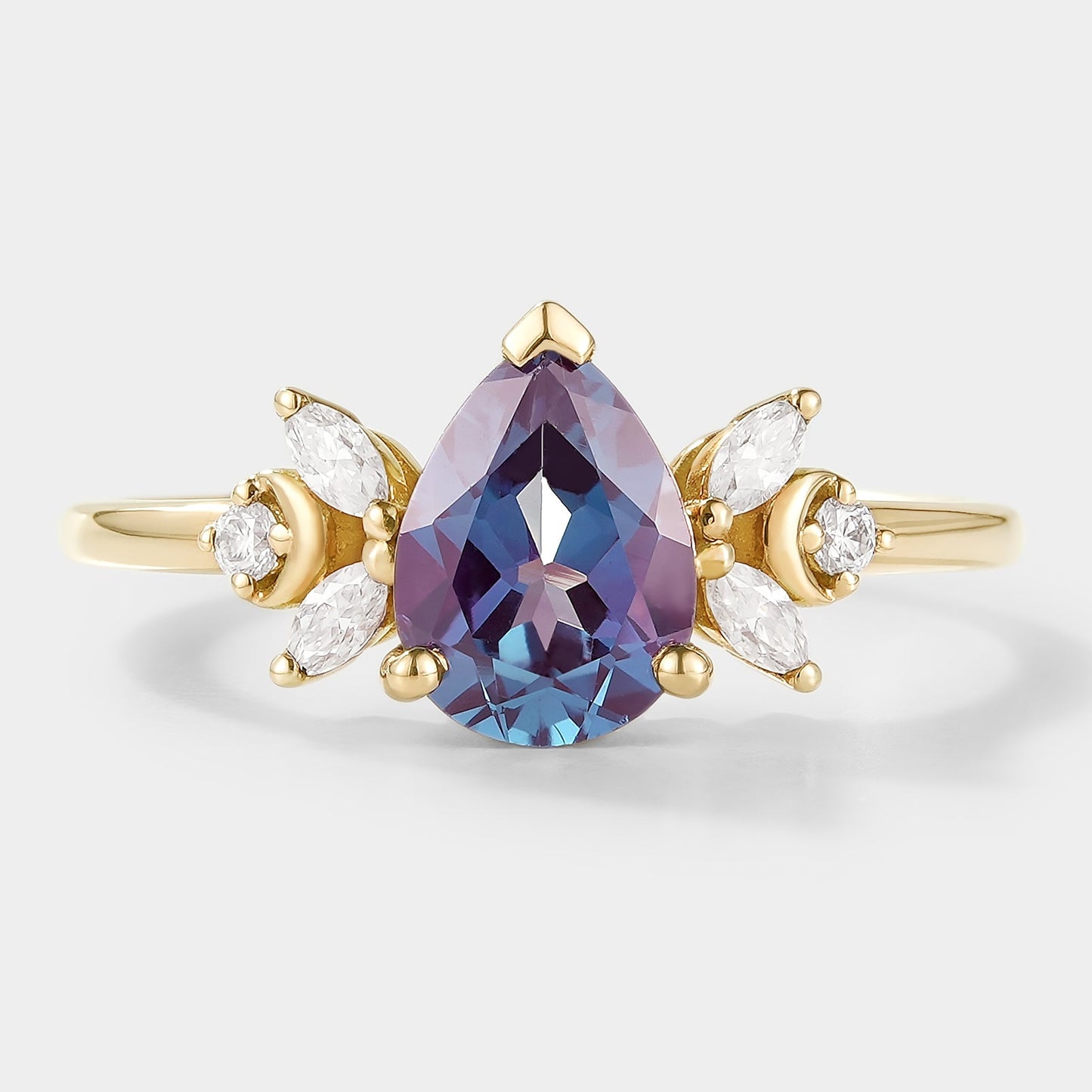 Pear Cut Alexandrite Engagement Ring With Moissanite Cluster