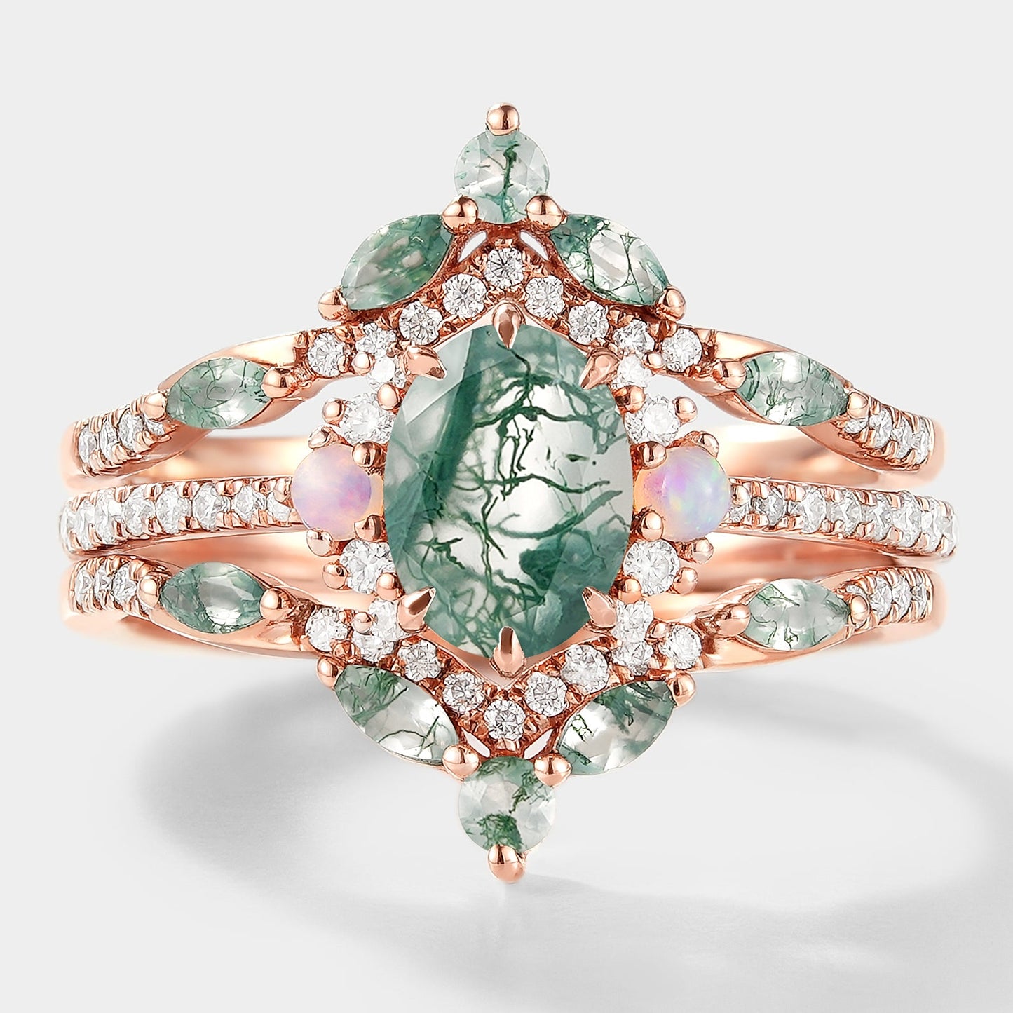 Moss Agate Engagement Ring With Enhancer Wedding Band 2pcs
