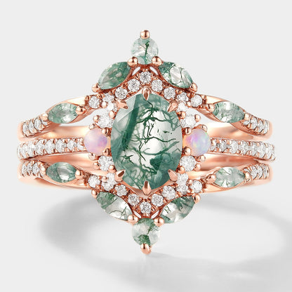 Moss Agate Engagement Ring With Enhancer Wedding Band 2pcs