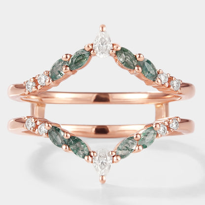 Moissanite & Moss Agate Enhancer Wedding Band 2pcs