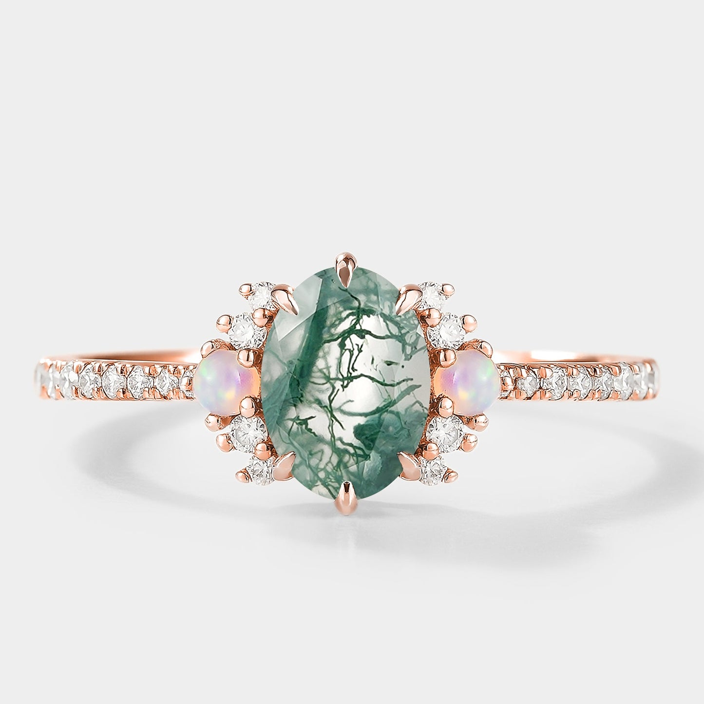 Oval Moss Agate Engagement Ring With Opal & Moissanite Cluster