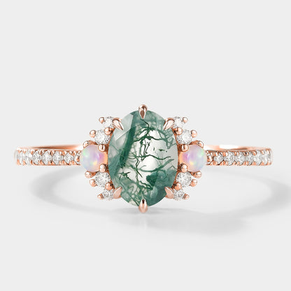 Oval Moss Agate Engagement Ring With Opal & Moissanite Cluster