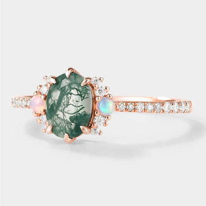 Oval Moss Agate Engagement Ring With Opal & Moissanite Cluster