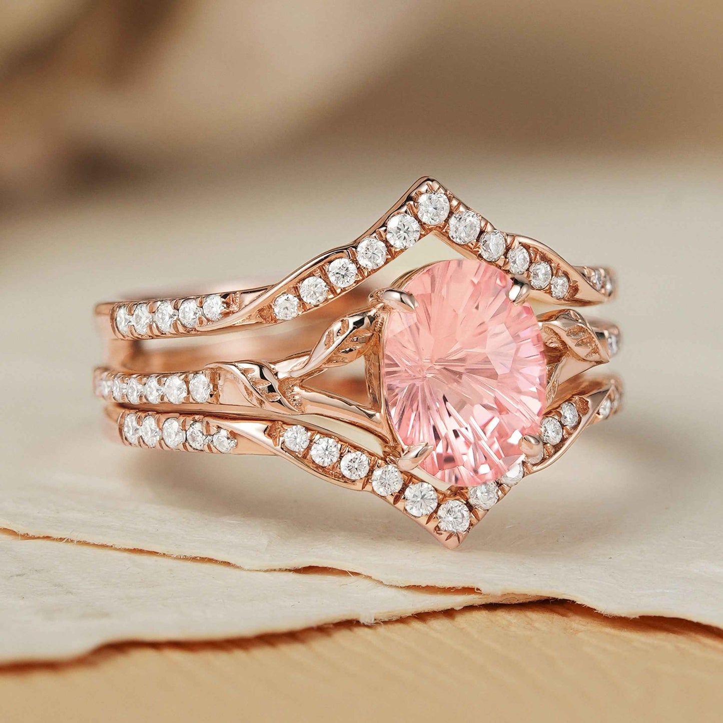 Unique Fireworks Cut Oval Pink Sapphire Enhancer Gemstone Ring Set 2pcs