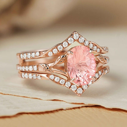 Unique Fireworks Cut Oval Pink Sapphire Enhancer Gemstone Ring Set 2pcs