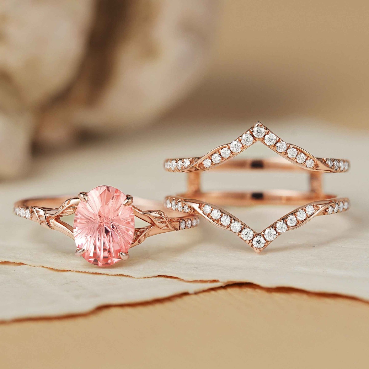 Unique Fireworks Cut Oval Pink Sapphire Enhancer Gemstone Ring Set 2pcs