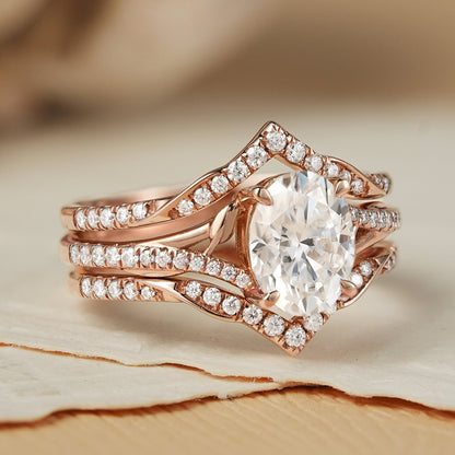Unique Oval Cut Moissanite Enhancer Leaf Gemstone Ring Set 2pcs