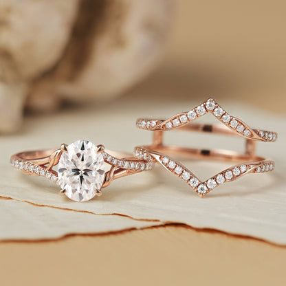 Unique Oval Cut Moissanite Enhancer Leaf Gemstone Ring Set 2pcs