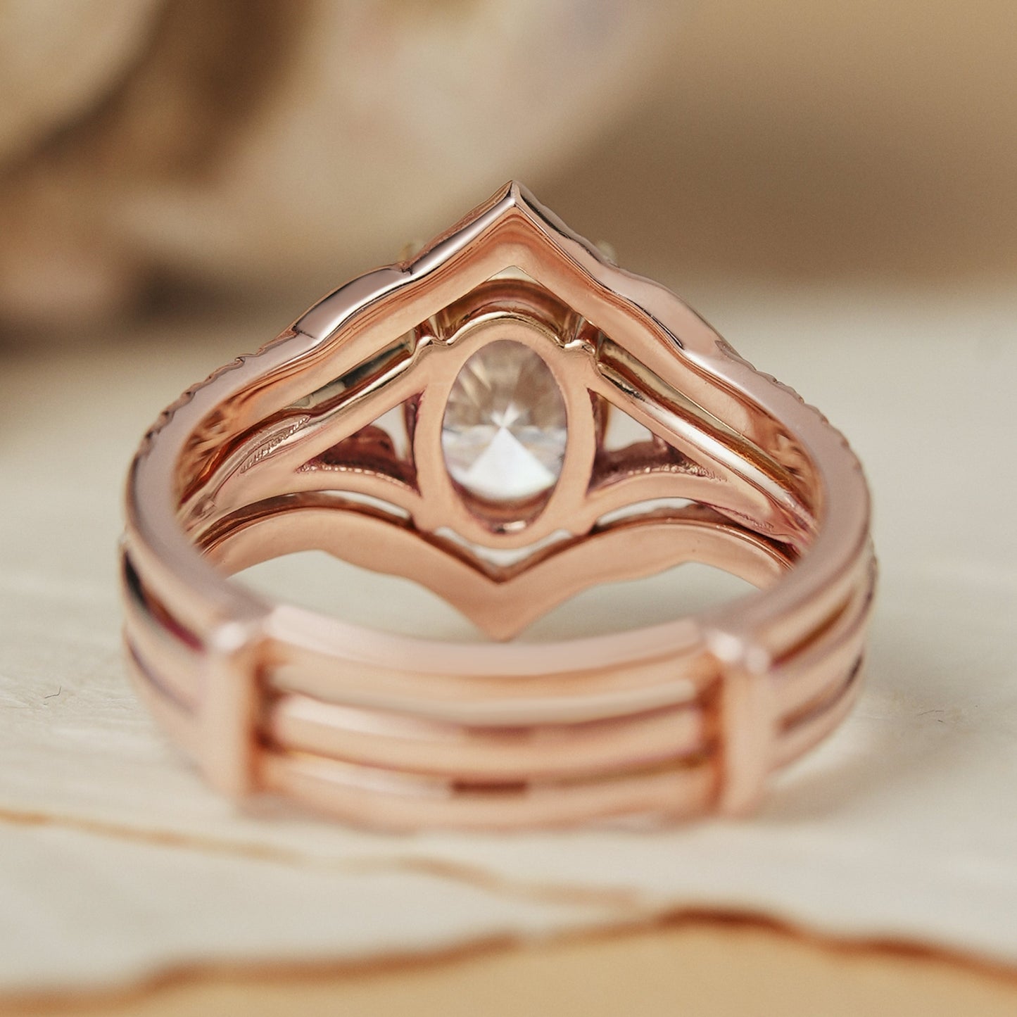 Unique Oval Cut Moissanite Enhancer Leaf Gemstone Ring Set 2pcs