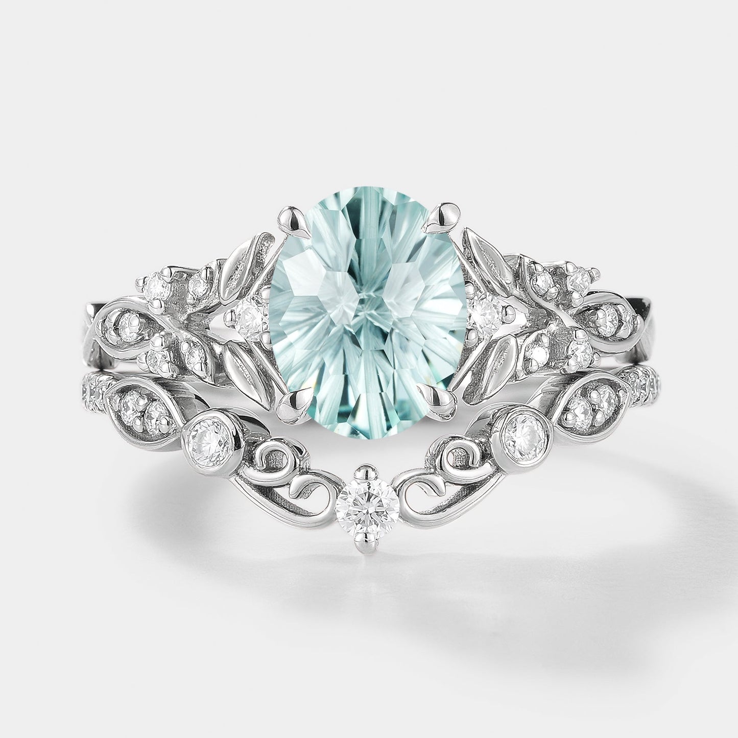 Unique Firework Cut Aquamarine Leaf Engagement Ring Set 2pcs