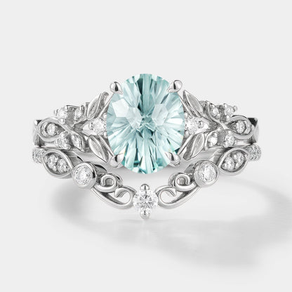 Unique Firework Cut Aquamarine Leaf Engagement Ring Set 2pcs