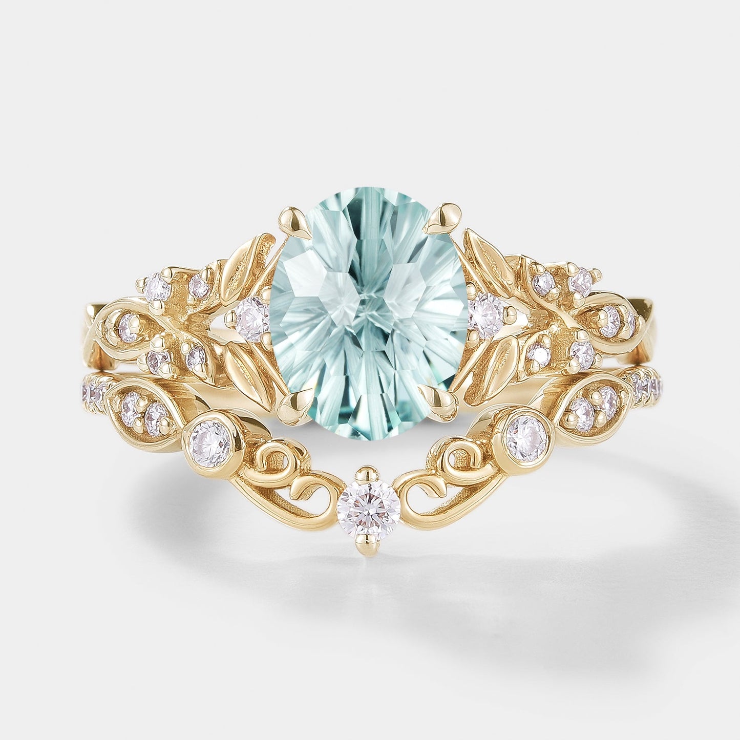 Unique Firework Cut Aquamarine Leaf Engagement Ring Set 2pcs