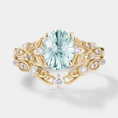 Unique Firework Cut Aquamarine Leaf Engagement Ring Set 2pcs