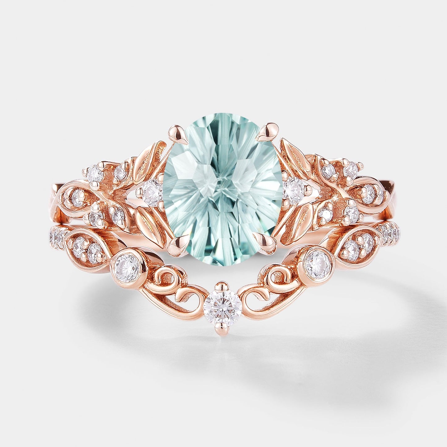 Unique Firework Cut Aquamarine Leaf Engagement Ring Set 2pcs