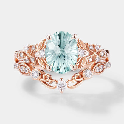 Unique Firework Cut Aquamarine Leaf Engagement Ring Set 2pcs