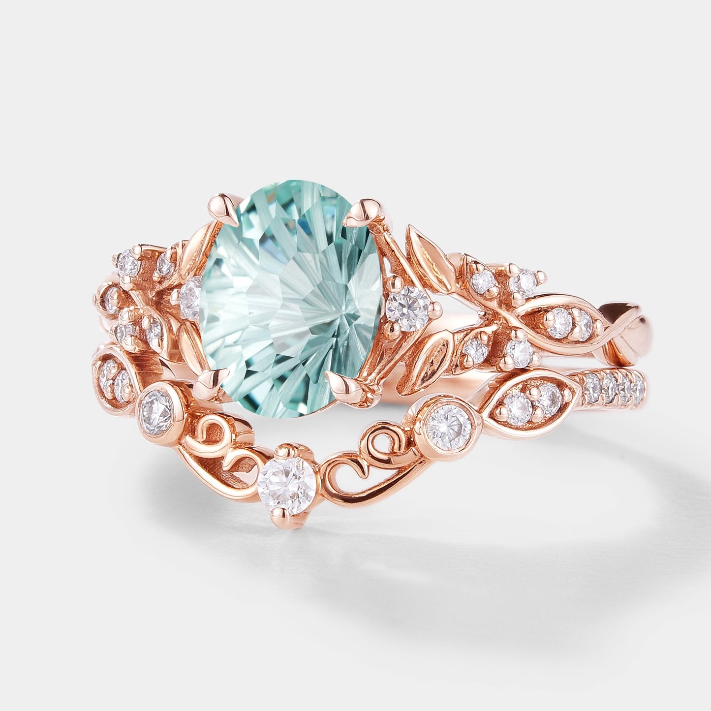 Unique Firework Cut Aquamarine Leaf Engagement Ring Set 2pcs