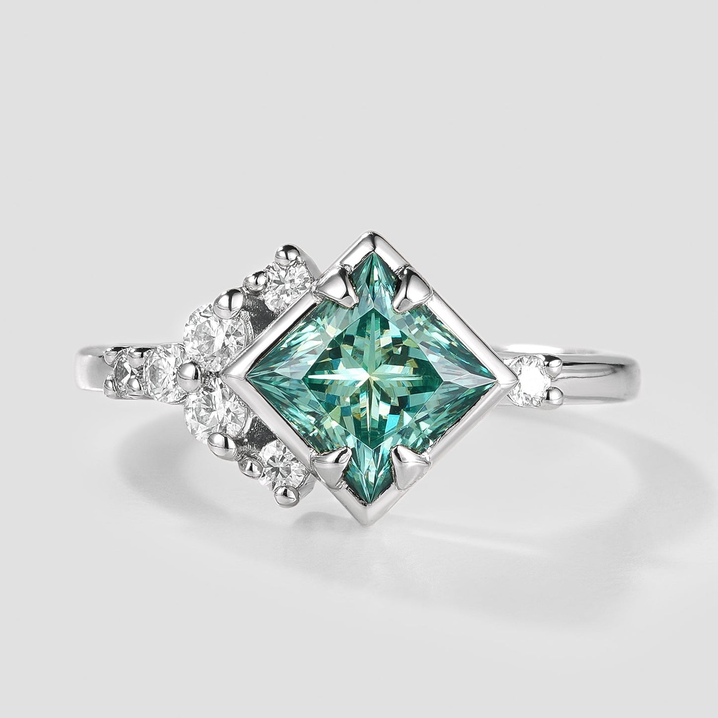 Unique Princess Cut Green Moissanite Engagement Ring