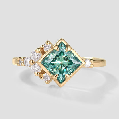Unique Princess Cut Green Moissanite Engagement Ring