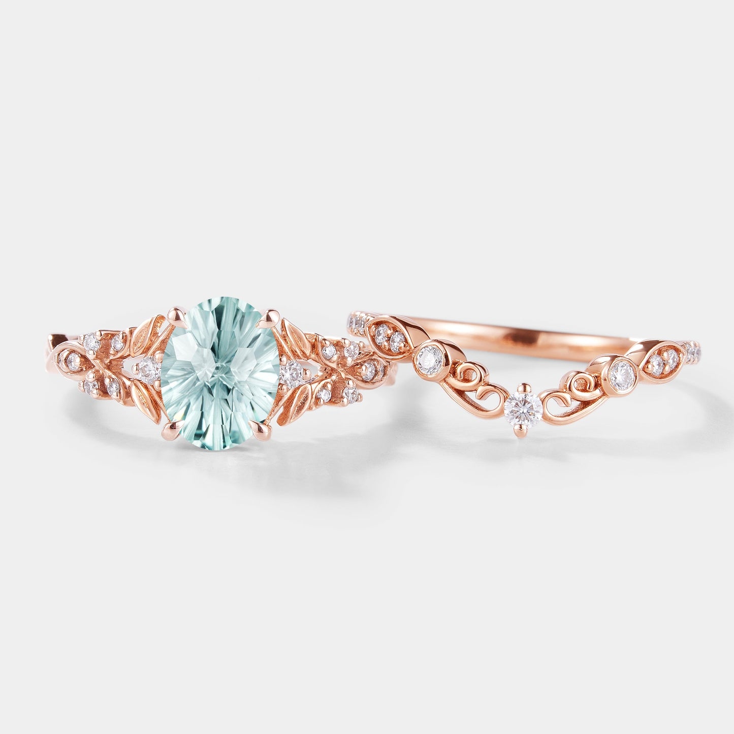 Unique Firework Cut Aquamarine Leaf Engagement Ring Set 2pcs